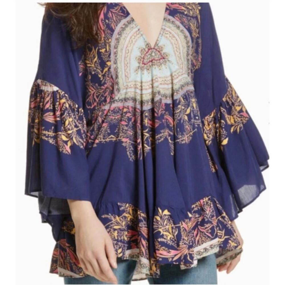 Free People Sunset Dreams Tunic Top Blue Boho Peasant Flowy Oversized Small - Picture 4 of 7